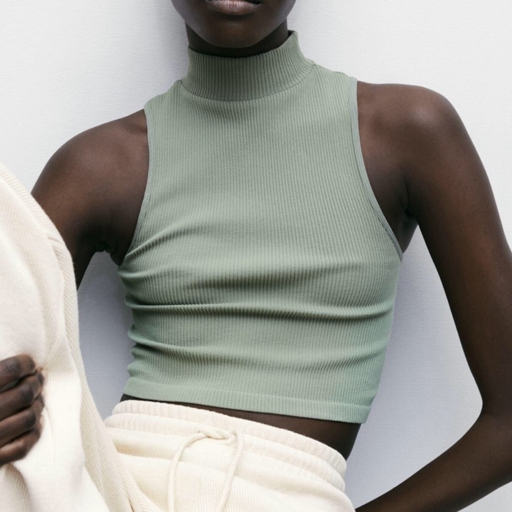 zara green ribbed turtleneck top.